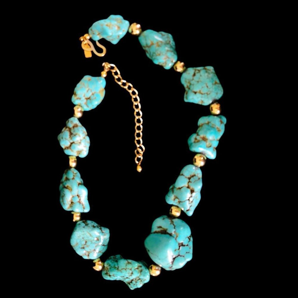 VINTAGE Kenneth Jay Lane Turquoise Nugget Statement Necklace Signed 17"-21" - Picture 4 of 8